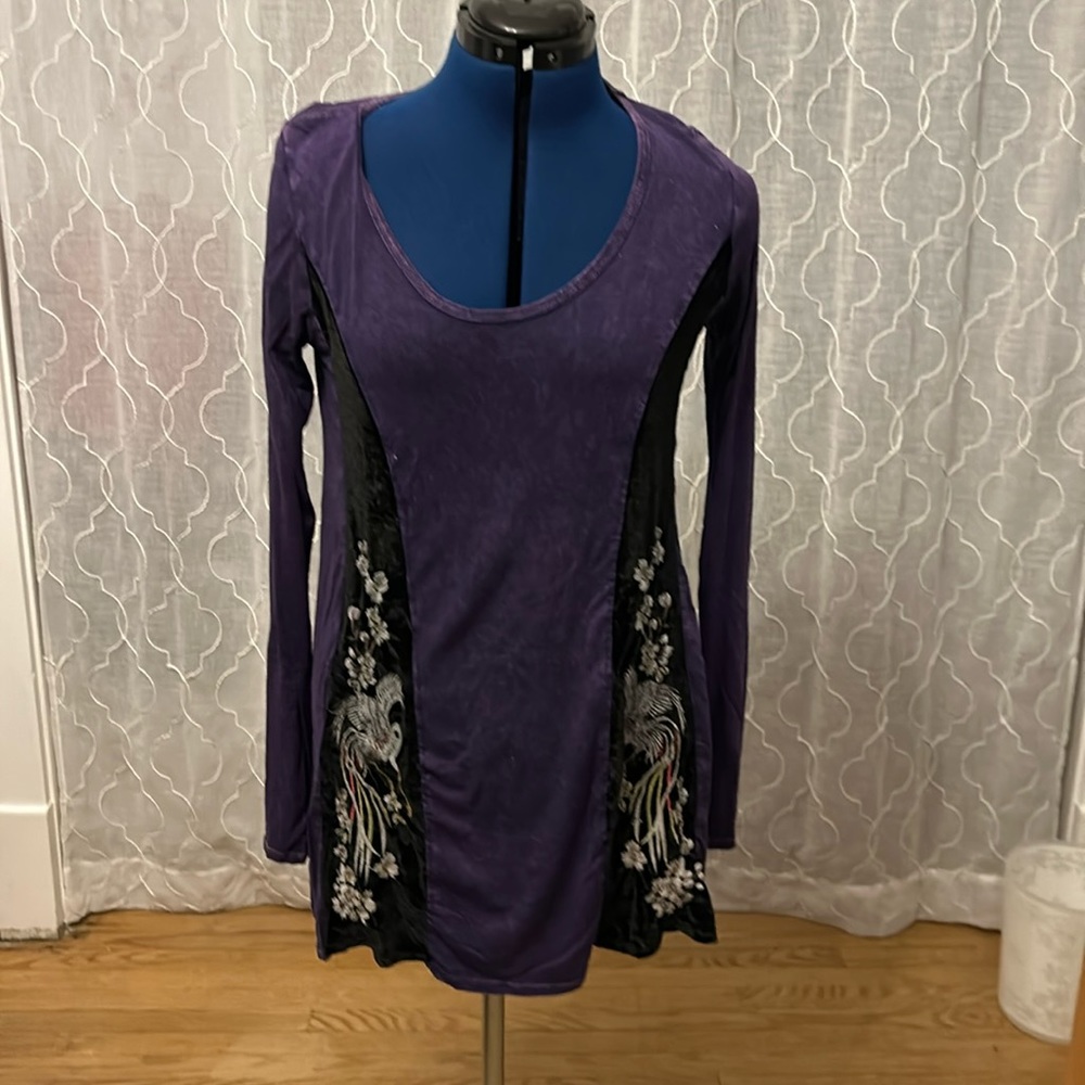 T Party Embroirdered Purple Black Tunic Top Long Sleeve